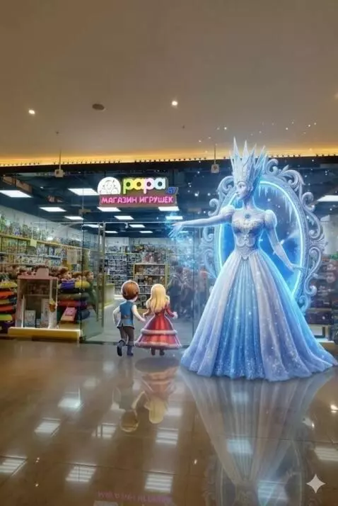 AI Video from prompt: Камера медленно движется к входу в магазин игруш