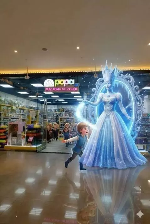 AI Video from prompt: Камера медленно движется к входу в магазин игруш