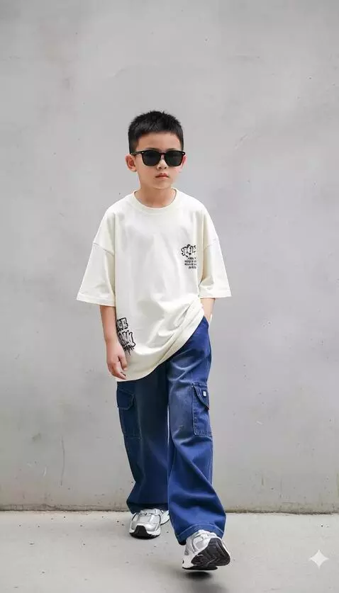 AI Video from prompt: Model anak tersebut berjalan ke depan dengan per