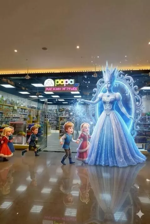 AI Video from prompt: Камера медленно движется к входу в магазин игруш