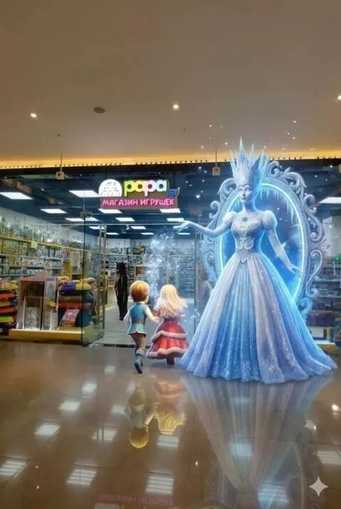 AI Video from prompt: Камера медленно движется к входу в магазин игруш