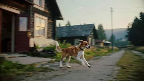 AI Video from prompt: собака просыпается в доме на окраине села возле 