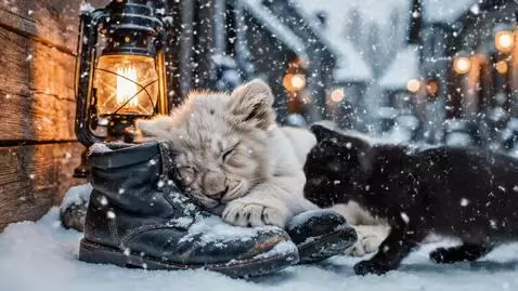 AI Video from prompt: A cozy scene with a sleepy white lion cub curled