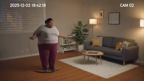 AI Video from prompt: cctv footage, Fat woman jumping in the living ro