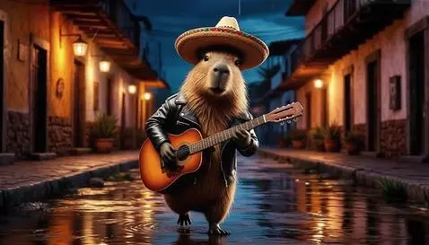 AI Video from prompt: Капибара идёт пританцовывая и играя на гитаре