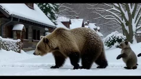 AI Video from prompt: a bear mother is walking along a snow-covered st