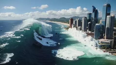 AI Video from prompt: It's a sunny day. A large tsunami wave covers a 