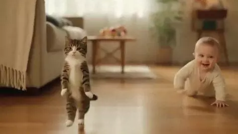 AI Video from prompt: Cute kitty walks on two legs home captured video