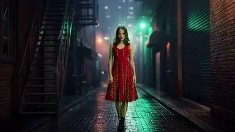 AI Video from prompt: The image of a girl in a red dress turns into ru