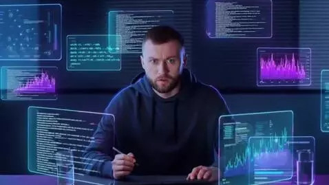 AI Video from prompt: A single person sitting at a modern desk in a di