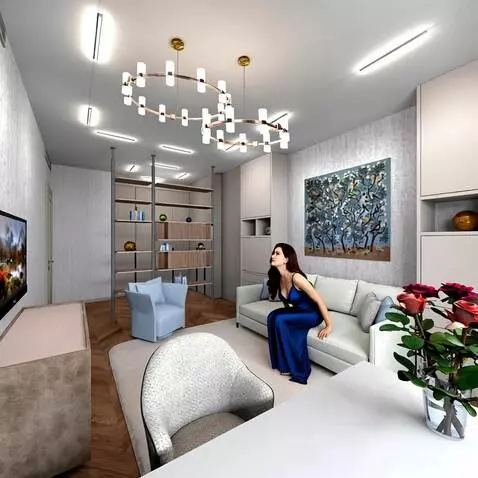 AI Video from prompt: The girl gets up from the sofa and walks past th