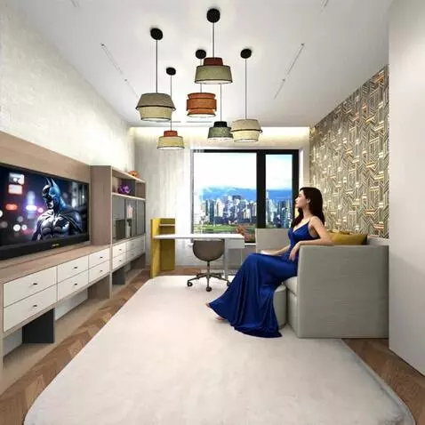 AI Video from prompt: The girl gets up from the sofa, touches the lamp