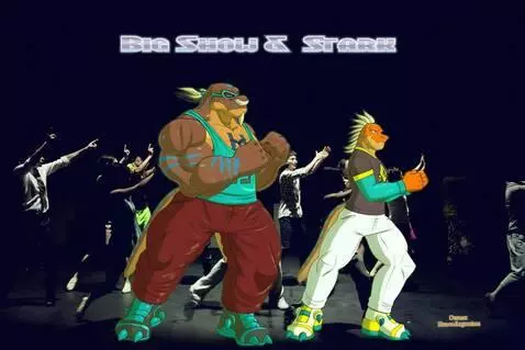 AI Video from prompt: Two lizard dude doing a dance move on stage with