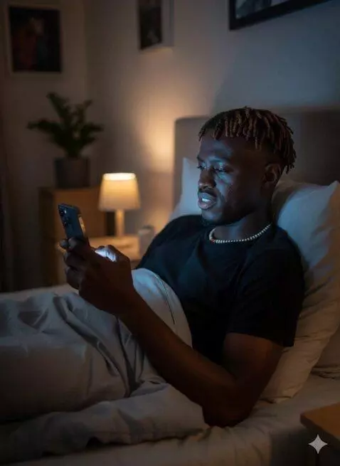 AI Video from prompt: Let him be chatting on his bed with the contrast