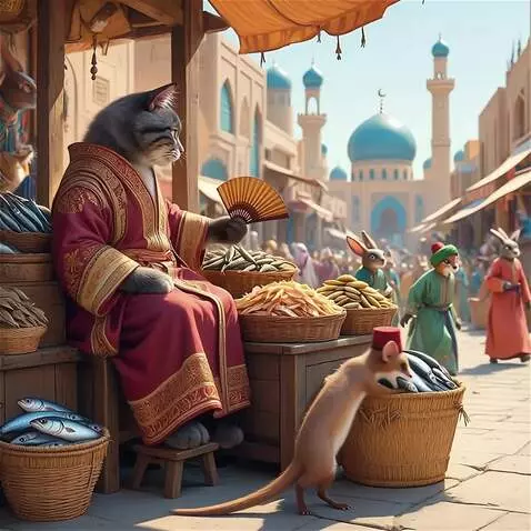 AI Video from prompt: the weasel slowly approaches the left basket wit