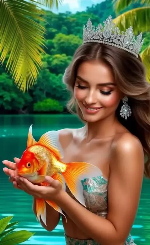 AI Video from prompt: Smiles, lowers his eyes and gives a goldfish