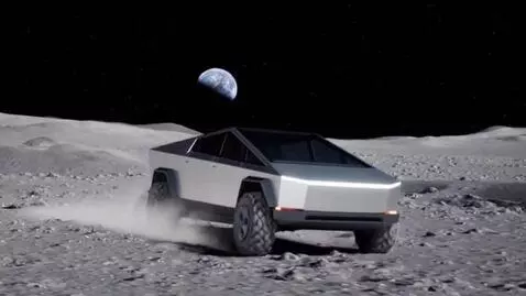 AI Video from prompt: The Cybertruck races across the surface of the p