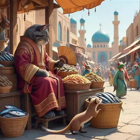 AI Video from prompt: The weasel slowly approaches to the fish basket,