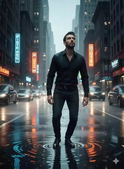 AI Video from prompt: A dark, rainy street. Water droplets run down th