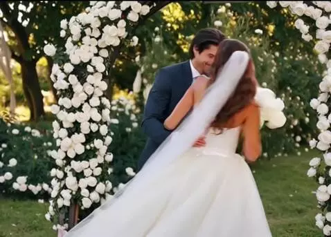AI Video from prompt: Off-site wedding ceremony in the garden with whi