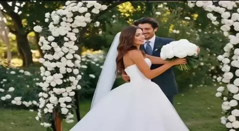 AI Video from prompt: Off-site wedding ceremony in the garden with whi