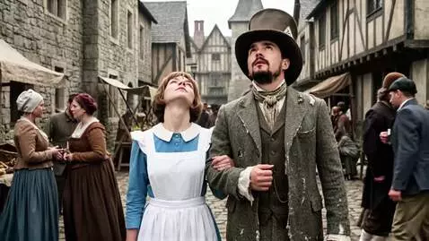 AI Video from prompt: A woman and a man look up and then down, as if w