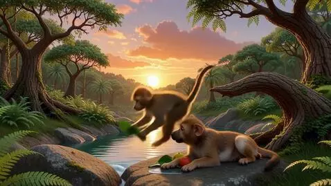 AI Video from prompt: “A peaceful jungle scene at sunrise. A cute, fri