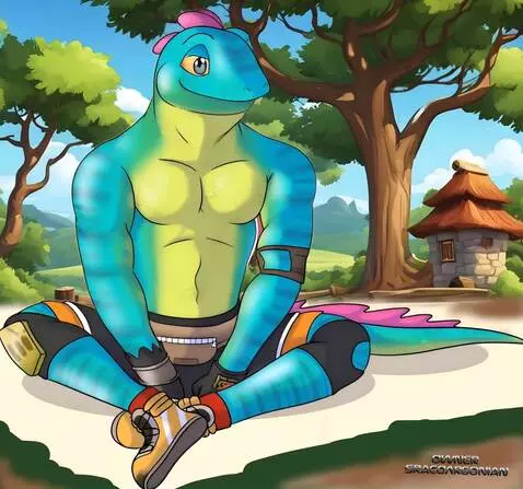 AI Video from prompt: Lizzic lizard dude setting looking ahead with a 