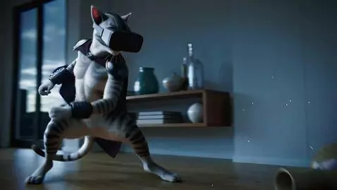 AI Video from prompt: 4K action video: humanoid dark-striped cat playi