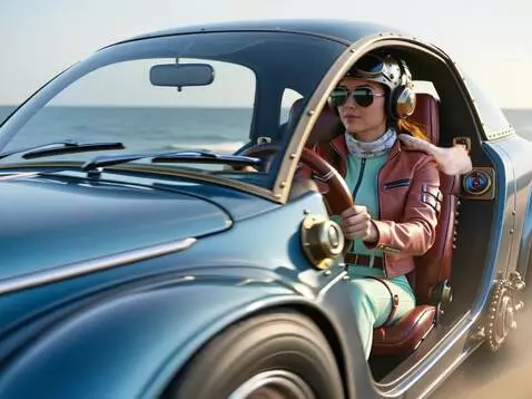 AI Video from prompt: a car with a girl is driving fast along the seas