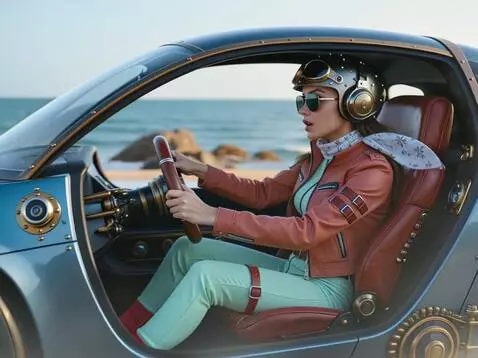 AI Video from prompt: a car with a girl is driving fast along the seas