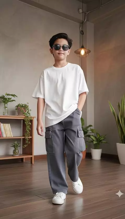 AI Video from prompt: The boy walks forward with a relaxed stride. The