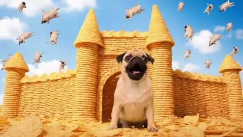 AI Video from prompt: the pug in the chip castle shouts chips! and jum