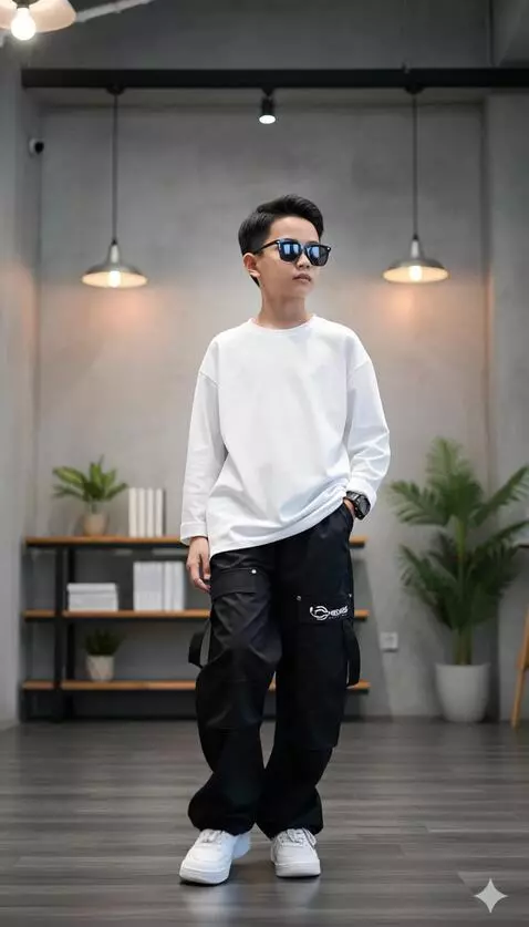 AI Video from prompt: The boy walks forward at a relaxed pace, while t