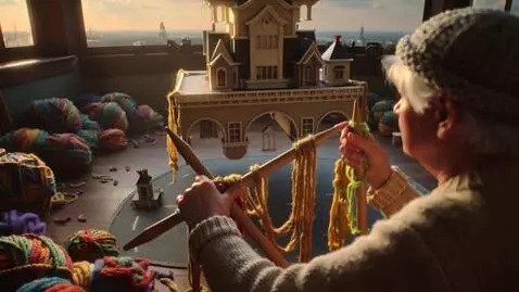 AI Video from prompt: The master knitter is knitting a city out of gia