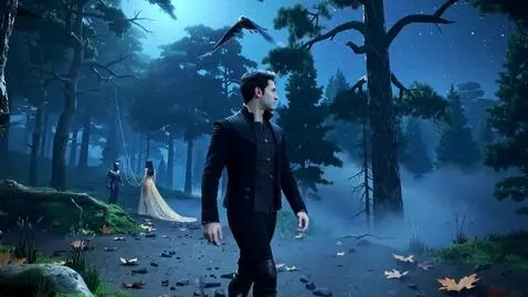 AI Video from prompt: A man in black wanders in a dark forest, a bird 