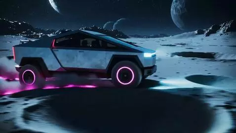 AI Video from prompt: Cyberpunk neon-lit aesthetic, the Cybertruck zoo