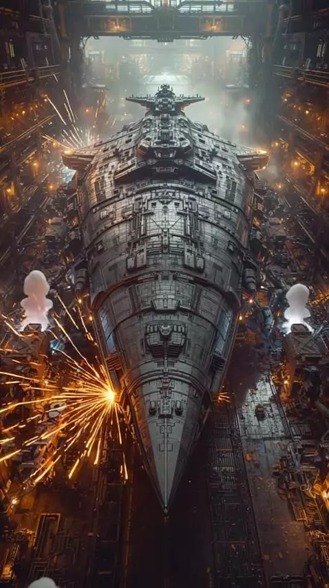 AI Video from prompt: A colossal starship, several kilometers long, re