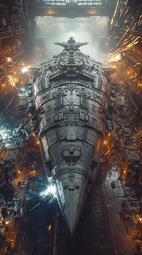 AI Video from prompt: A colossal starship, several kilometers long, re