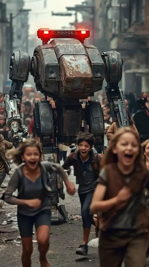 AI Video from prompt: A police robot mech walks down the street, child