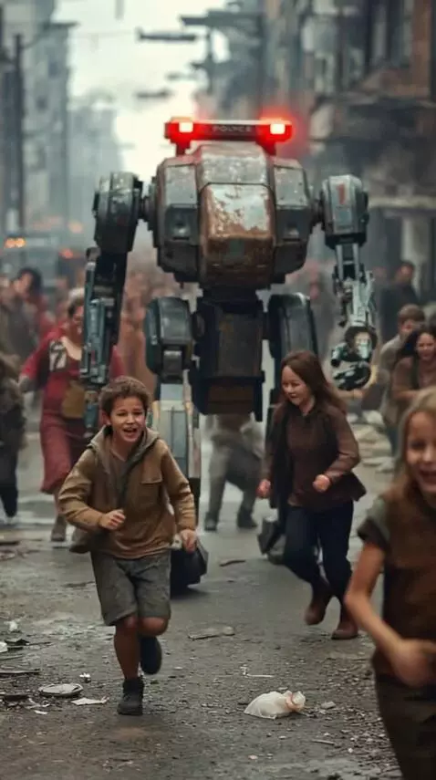 AI Video from prompt: A police robot mech walks down the street, child