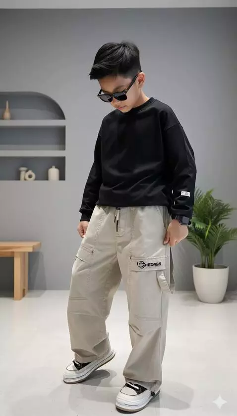 AI Video from prompt: “The boy reviews his pants by showing their deta