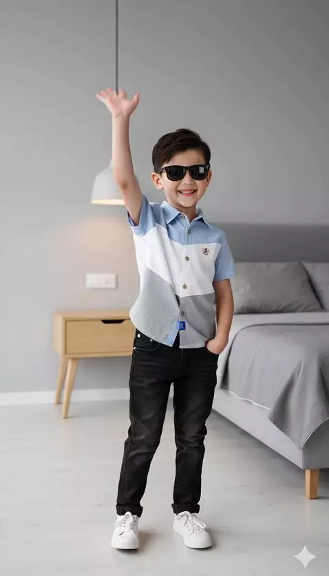 AI Video from prompt: “The boy lifts his hand and waves with bright, j