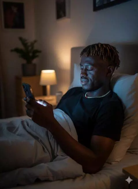 AI Video from prompt: A view of him typing on his phone. Checking thro