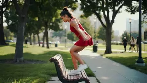 AI Video from prompt: woman in a short skirt climbs onto a bench and p