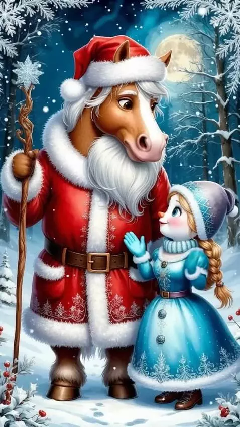 AI Video from prompt: The Horse and the Snow Maiden smile and greet