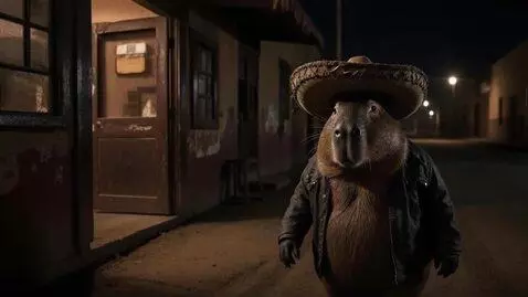 AI Video from prompt: A capybara walks slowly through the dusty street