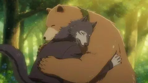 AI Video from prompt: Anime bear hugs and kisses wolf in the forest