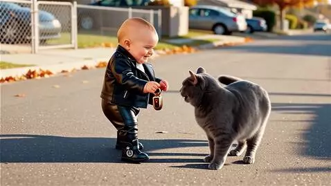 AI Video from prompt: A baby looking like a biker, dressed in a leathe