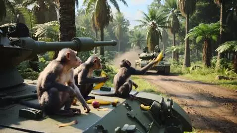 AI Video from prompt: monkeys sit on a tank and throw bananas at passi